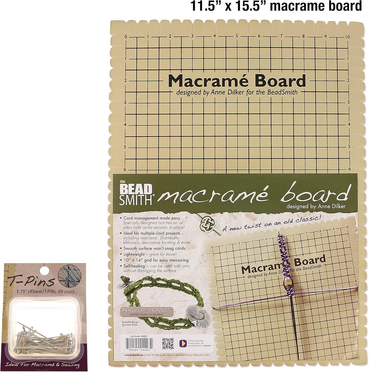 The Beadsmith Macrame Combo - Bead Board 10 x 14 inches - Box of 40 T-pins 1.75 inches - Bracelet Project & Instructions Included - Ideal for securing & Creating Macrame and Knotting Creations